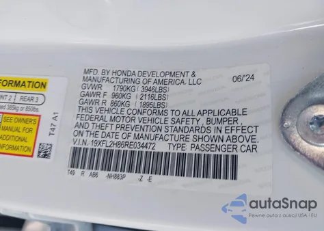 2024 Honda Civic Sport from USA, damaged, VIN 19XFL2H86RE034472